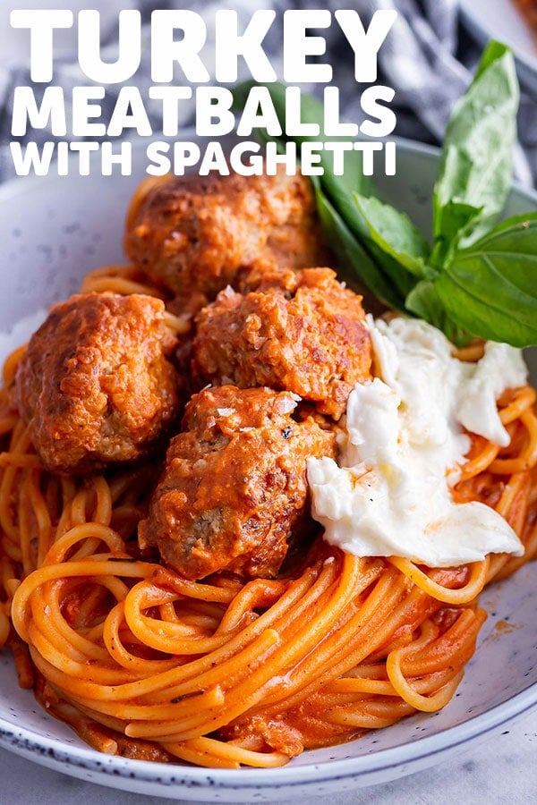 Pinterest image of turkey meatballs with text overlay