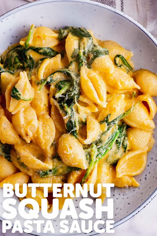 Pinterest image of butternut squash pasta sauce with text overlay