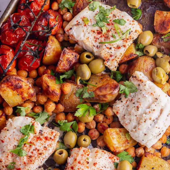 Fish and vegetables on a sheet pan