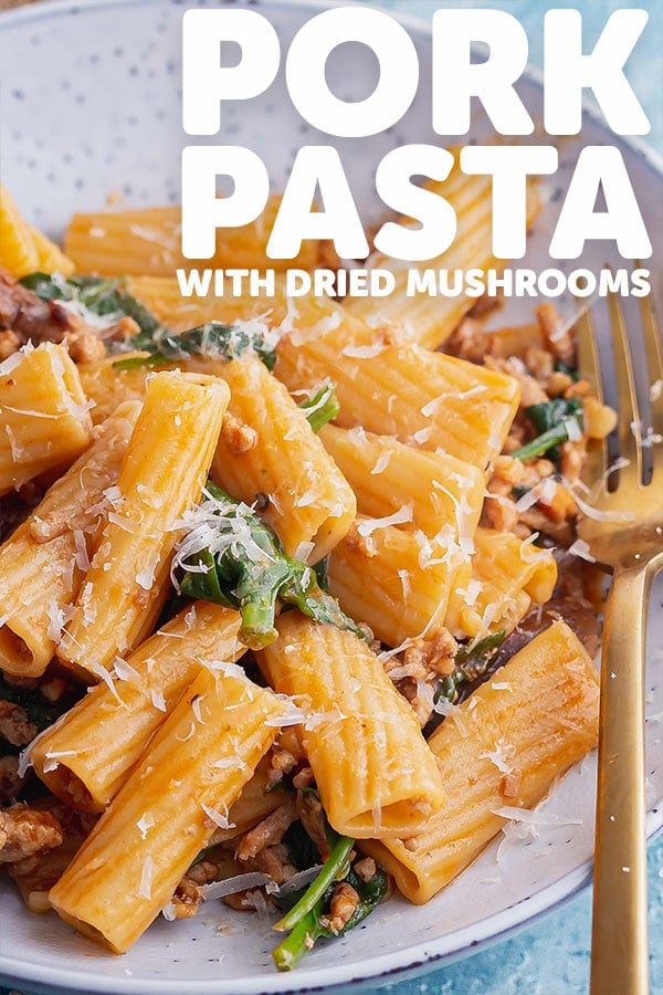 Pinterest image for pork pasta with text overlay