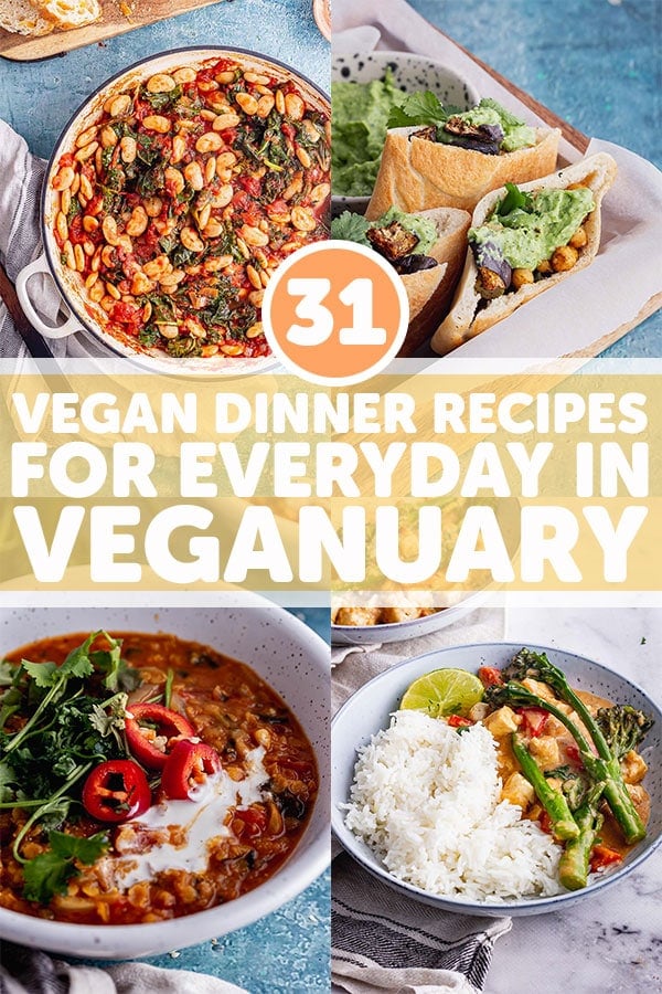 Pinterest image for vegan dinner recipes in veganuary with text overlay