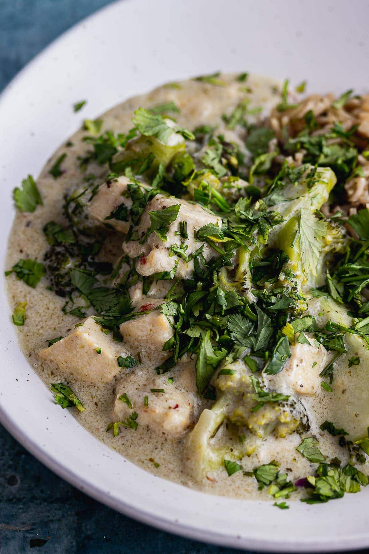 Close up of vegetarian green curry with broccoli and tofu