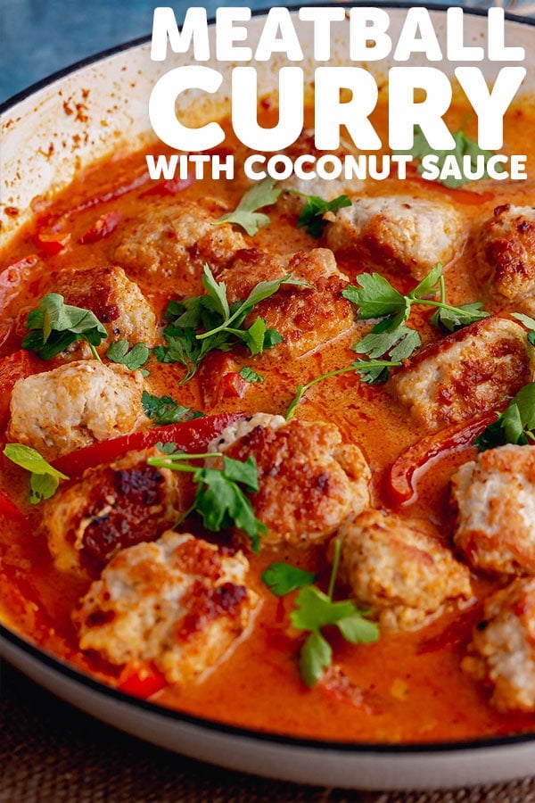 Pinterest image for meatball curry with text overlay