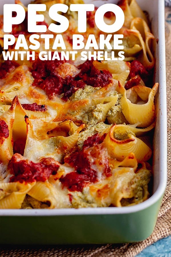 Pinterest image for pesto pasta bake with text overlay