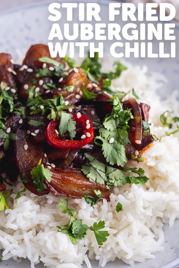 Pinterest image for stir fried aubergine with text overlay