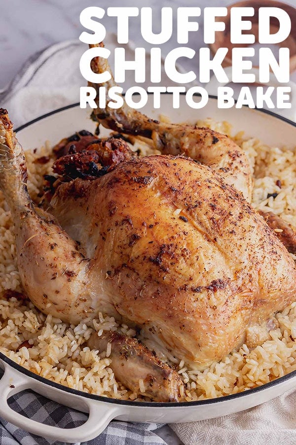 Pinterest image for stuffed chicken risotto bake with text overlay