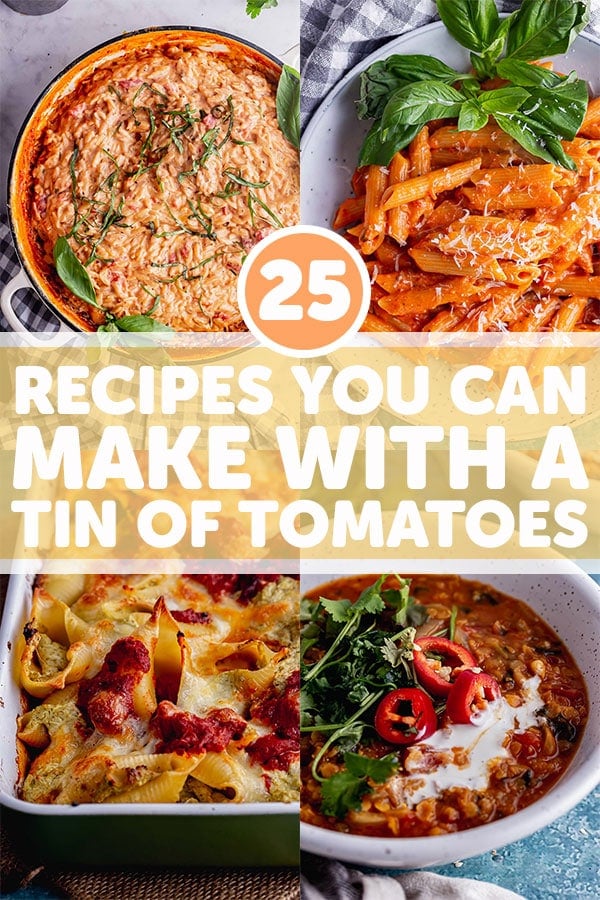 Pinterest image for tinned tomato recipes with four photos