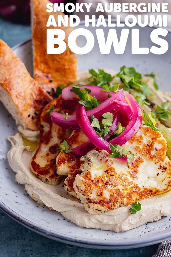 Pinterest image for smoky aubergine and halloumi bowls with text overlay