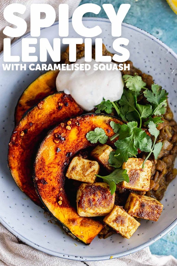 Pinterest image for spicy lentils with text overlay