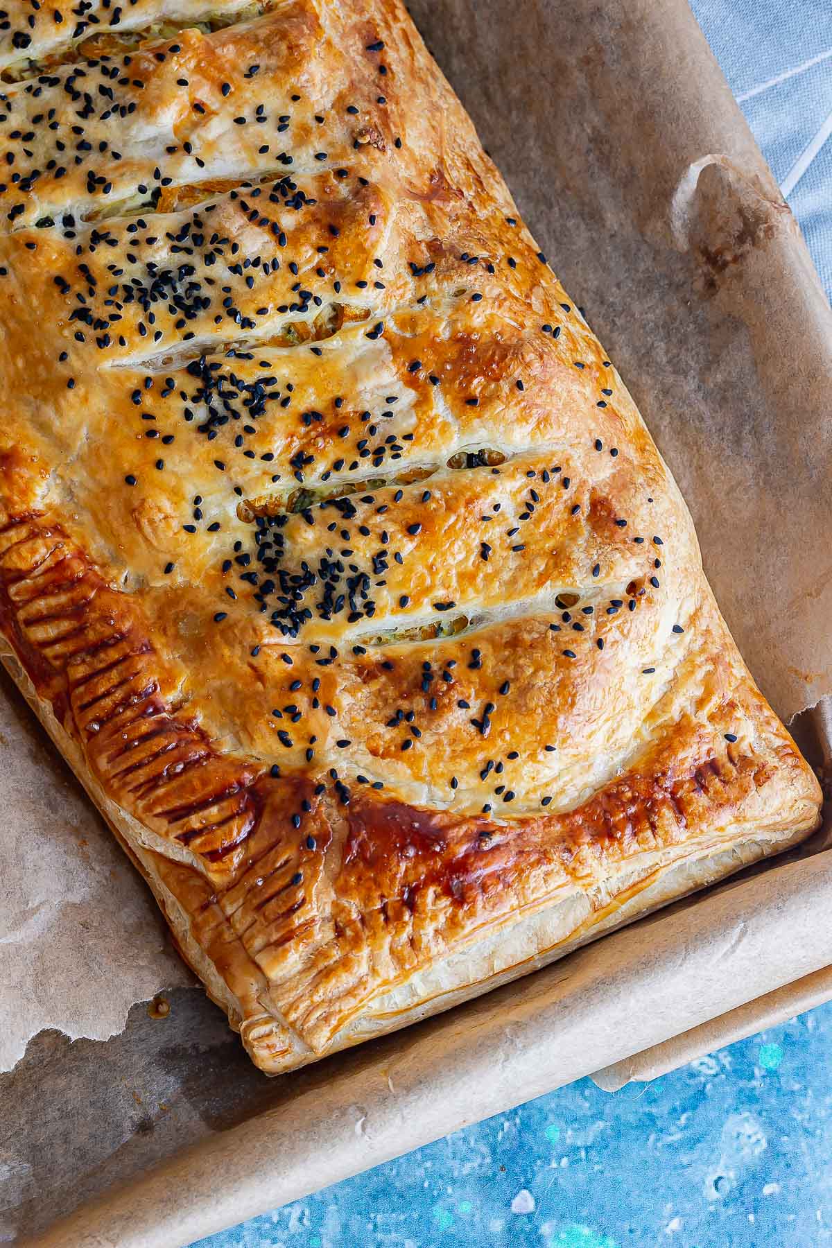 One end of a wellington on a baking sheet