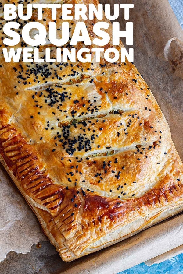 Pinterest image of butternut squash wellington with text overlay