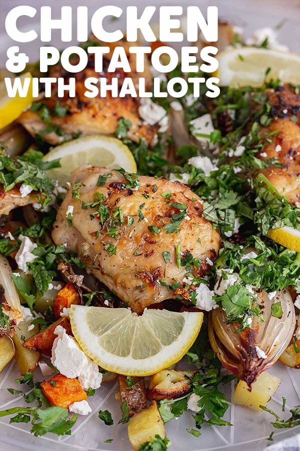Pinterest image of chicken and potatoes with text overlay