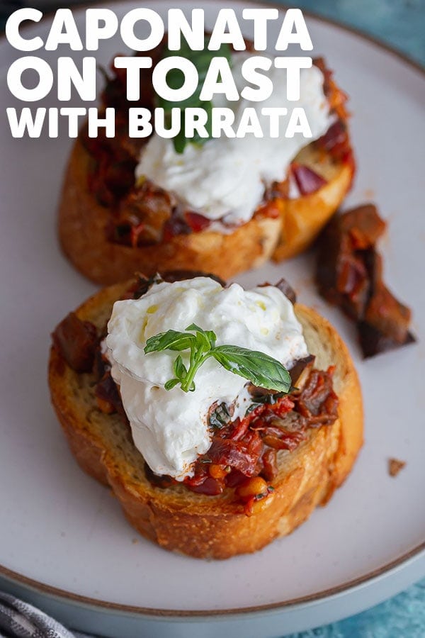 Pinterest image for caponata toasts with text overlay
