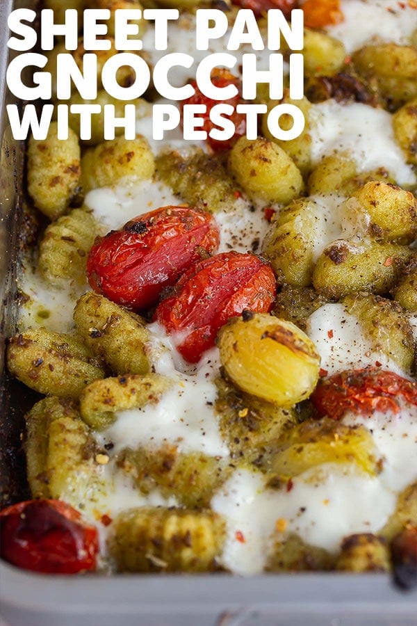 Pinterest image of sheet pan gnocchi with text overlay