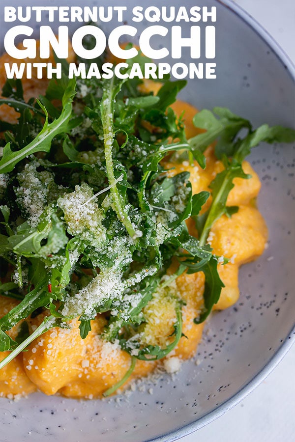 Pinterest image for butternut squash gnocchi with text overlay