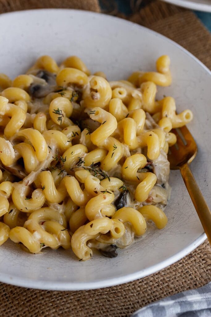 Close up of pasta in a white bowl with a gold fork