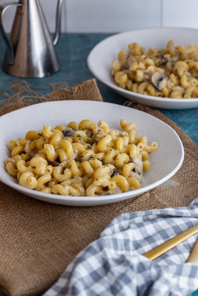 Bowl of pasta on a woven mat