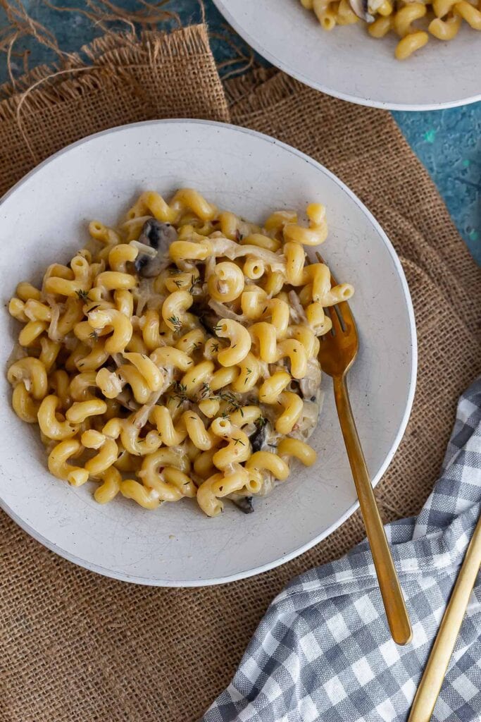 Overhead shot of pasta with a gold fork