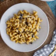 Overhead shot of pasta with a gold fork