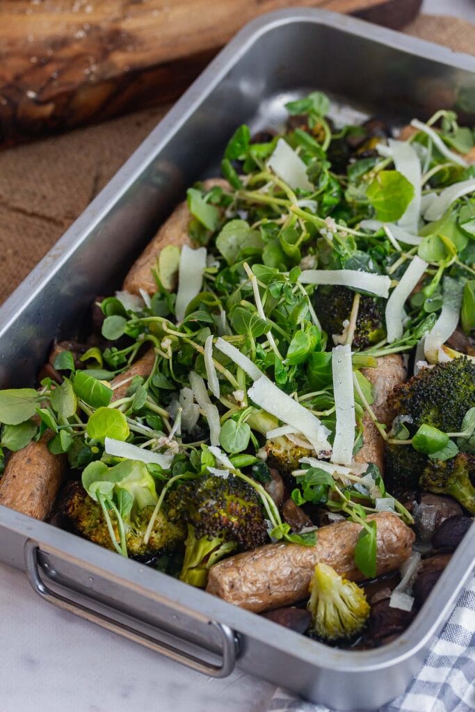 Sausage, broccoli and mushroom in a metal tray