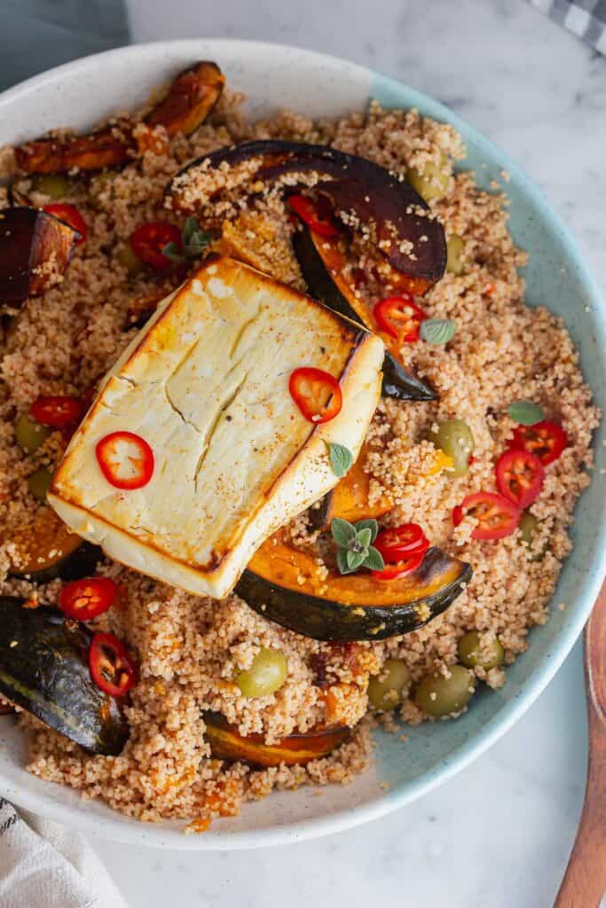 Overhead shot of couscous salad with feta