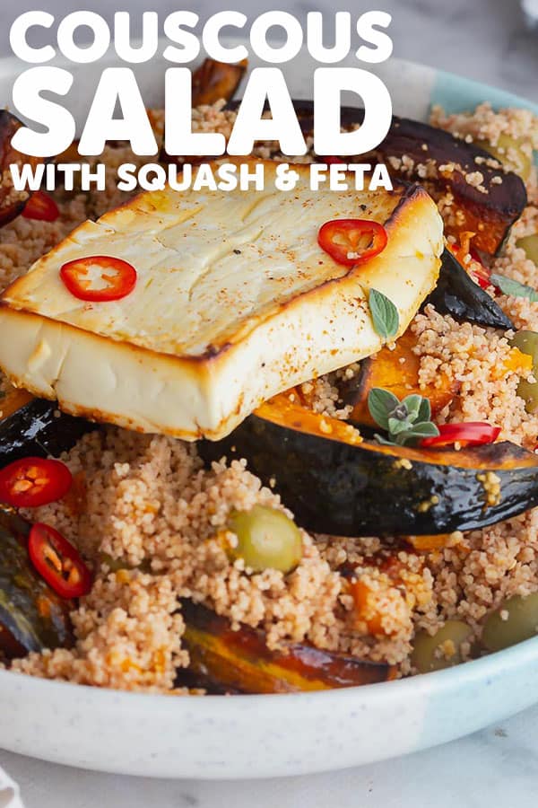 Pinterest image of couscous salad with text overlay