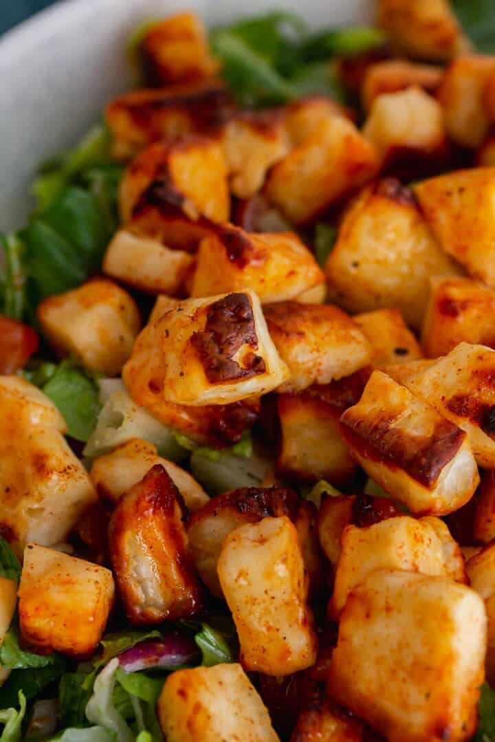 Close up of halloumi in a salad