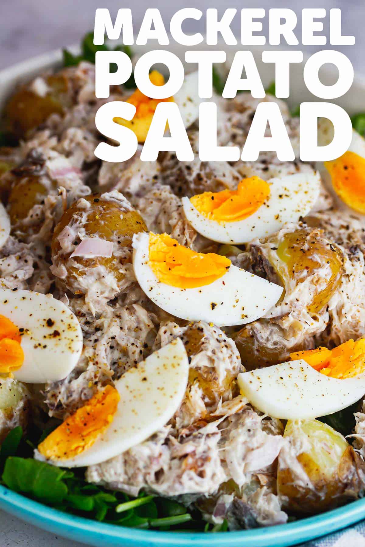Pinterest image of mackerel potato salad with text overlay