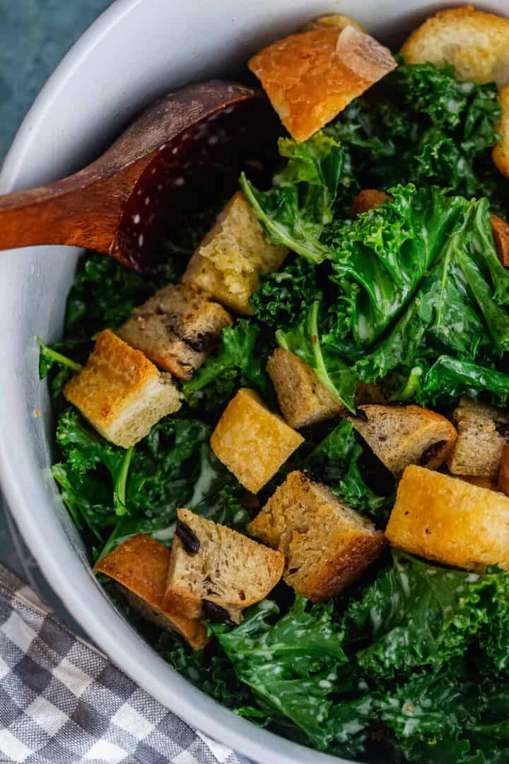 Kale Salad with Croutons & Tahini Dressing • The Cook Report