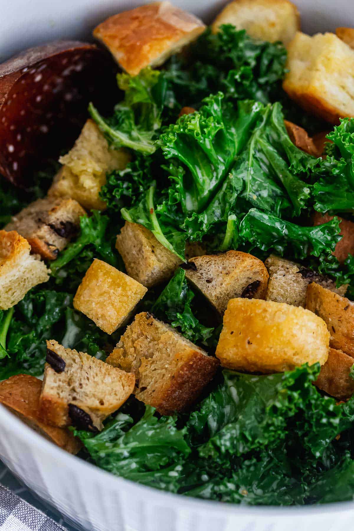 Close up of croutons with kale