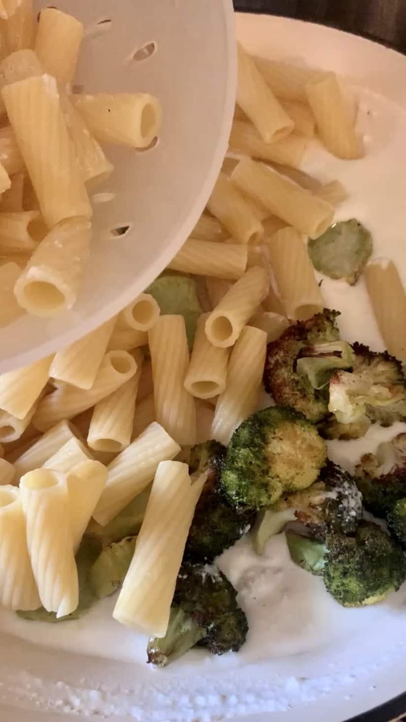 Pasta and broccoli in a pan