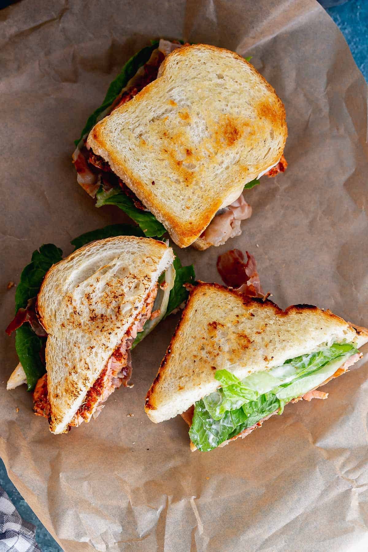 Overhead shot of sandwiches on a piece of paper