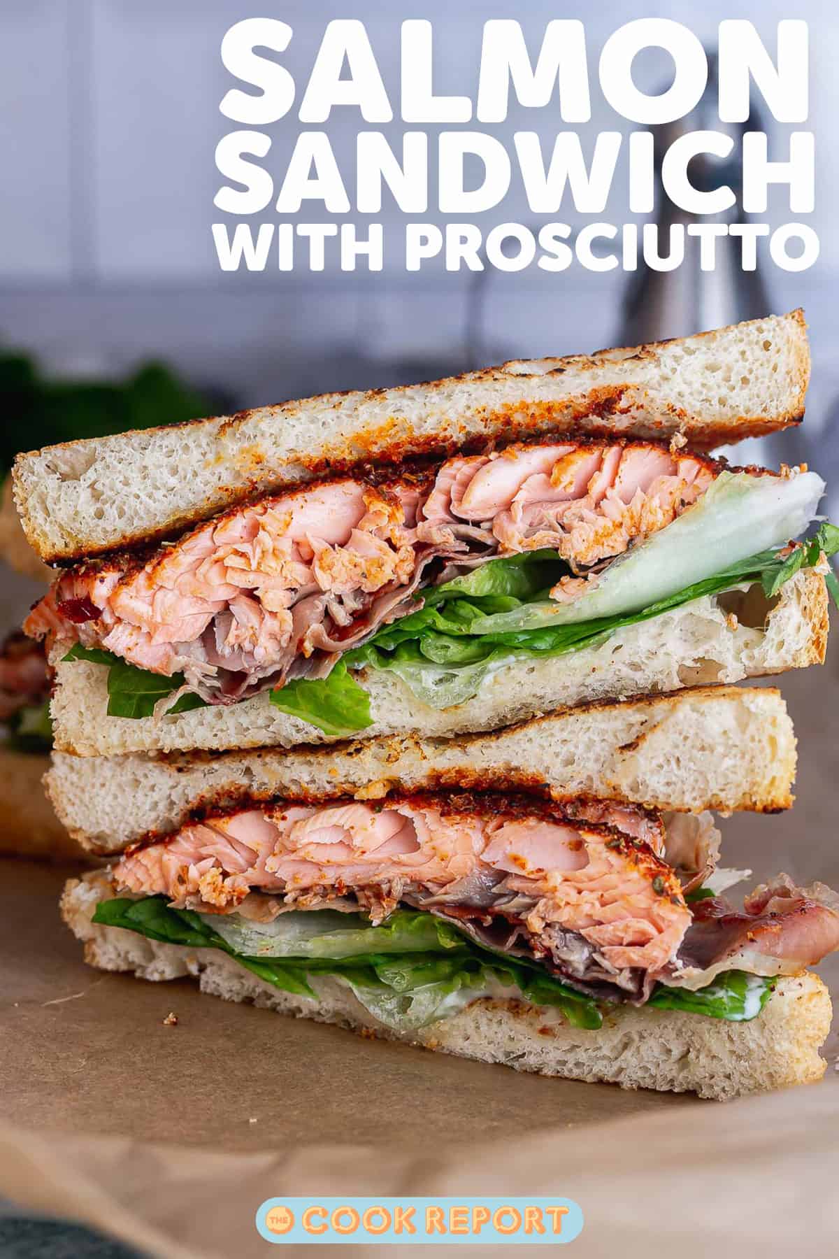 Pinterest image of salmon sandwich with text overlay