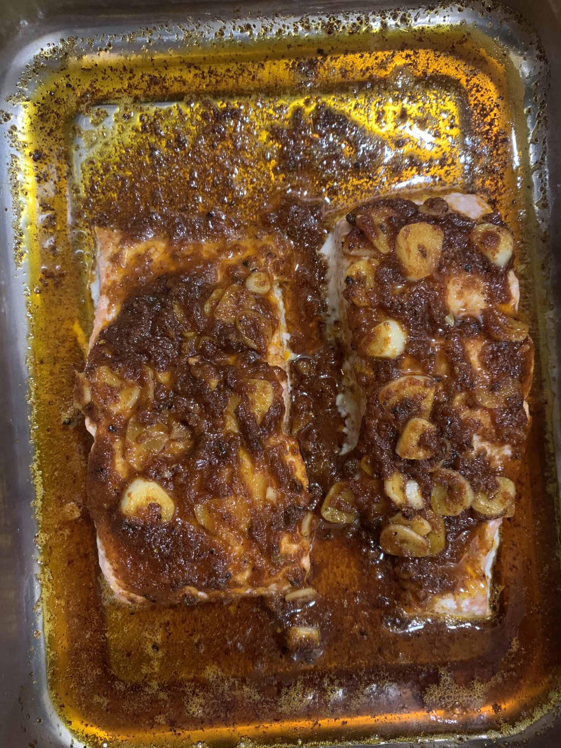 Cooked salmon in a baking tray