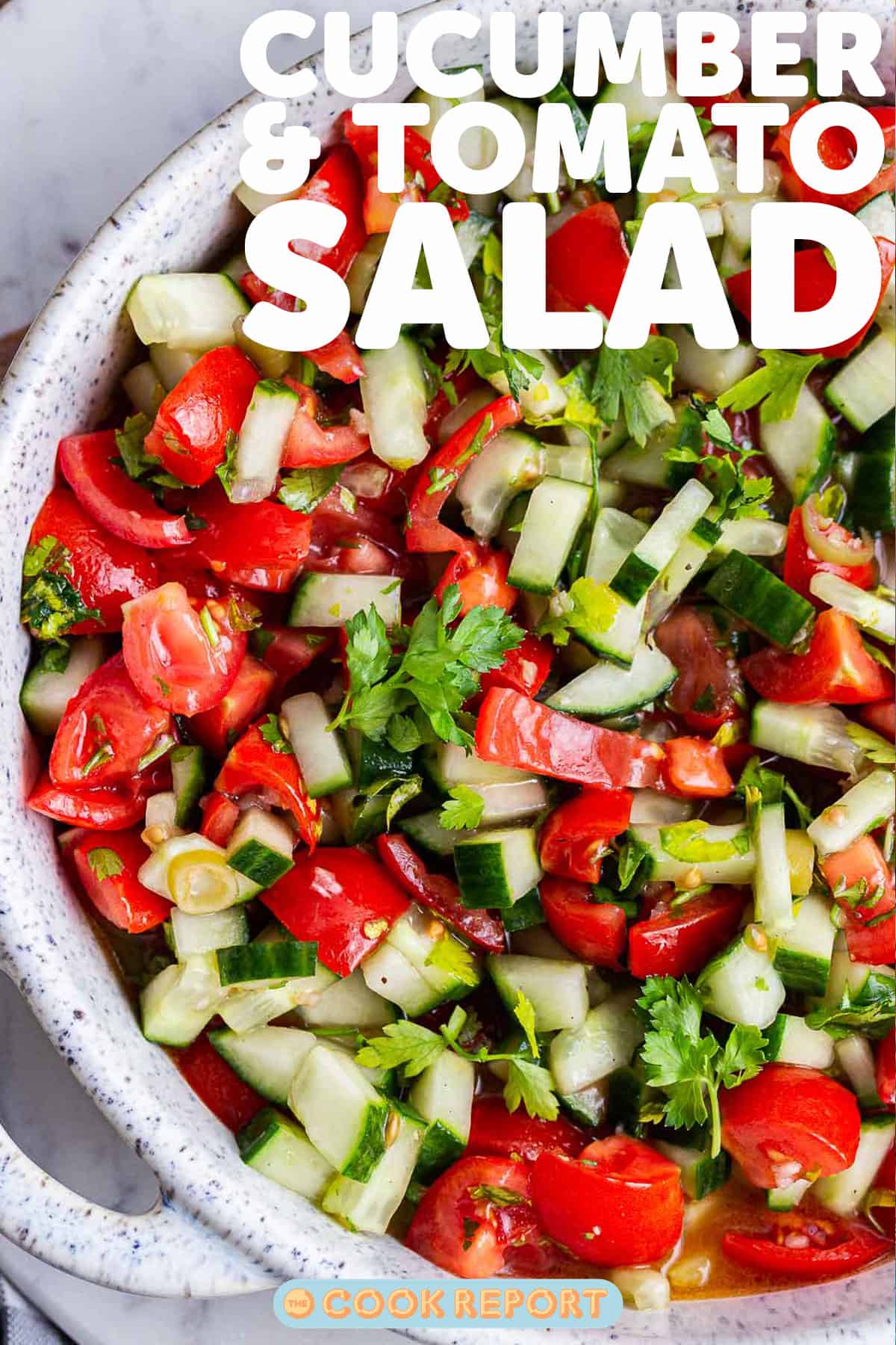 Pinterest image of cucumber and tomato salad with text overlay