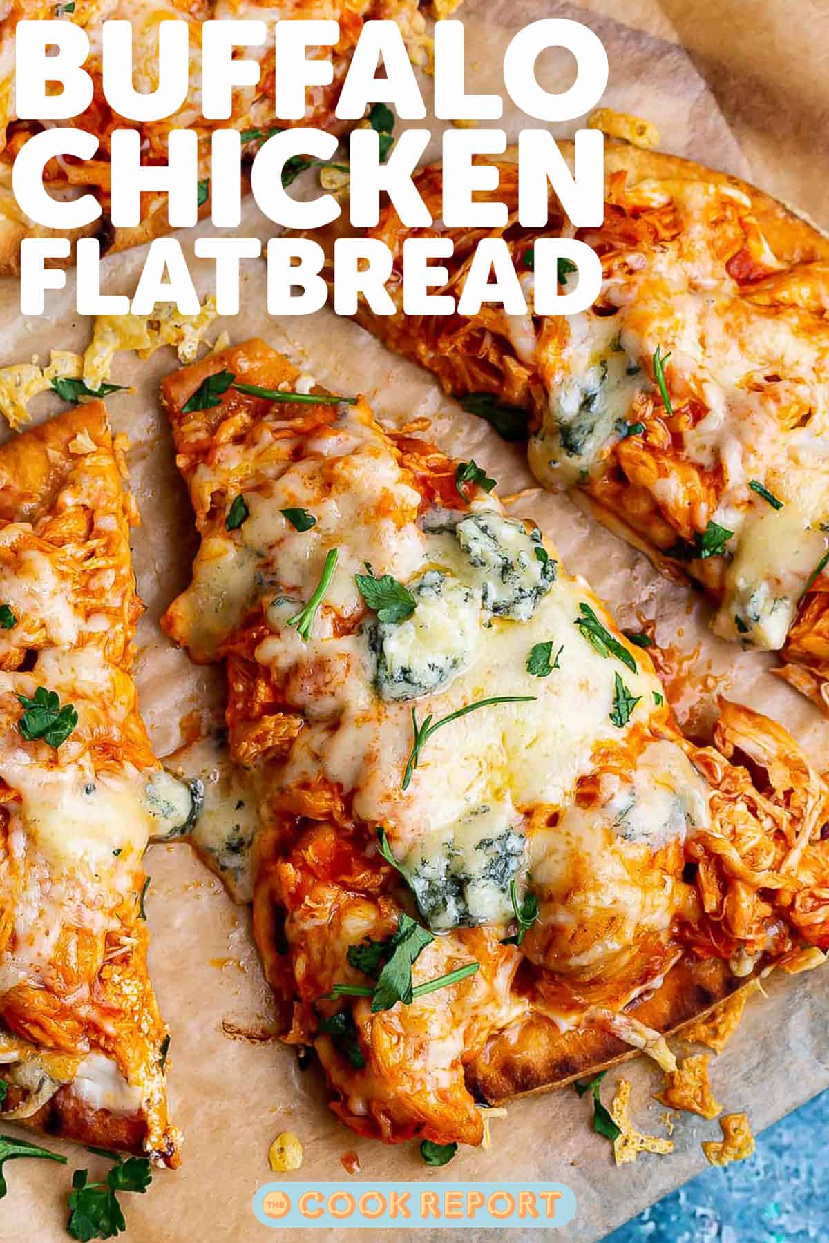 Pinterest image of buffalo chicken flatbreads with text overlay