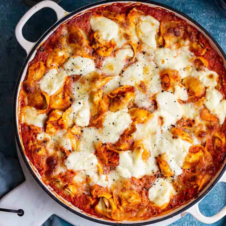 Baked tortellini in a white dish