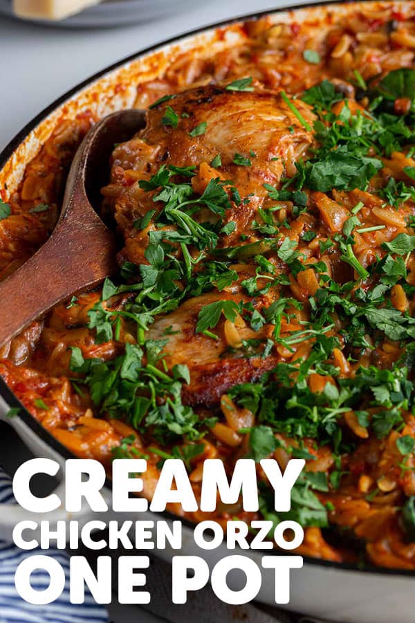 Pinterest image for chicken orzo with text overlay