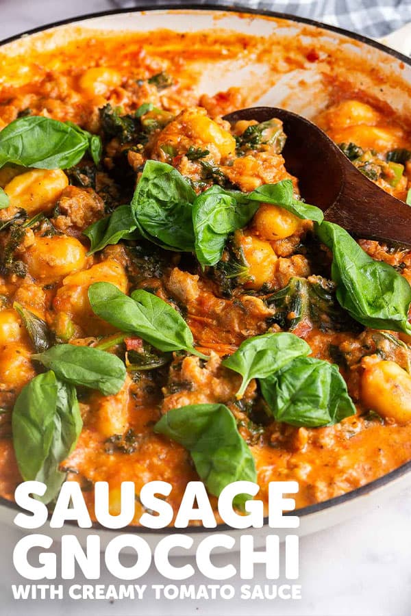 Pinterest image of sausage gnocchi with text overlay