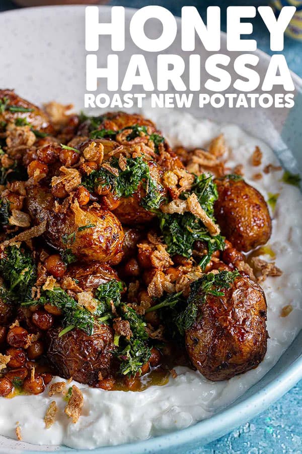 Pinterest image for honey harissa potatoes with text overlay