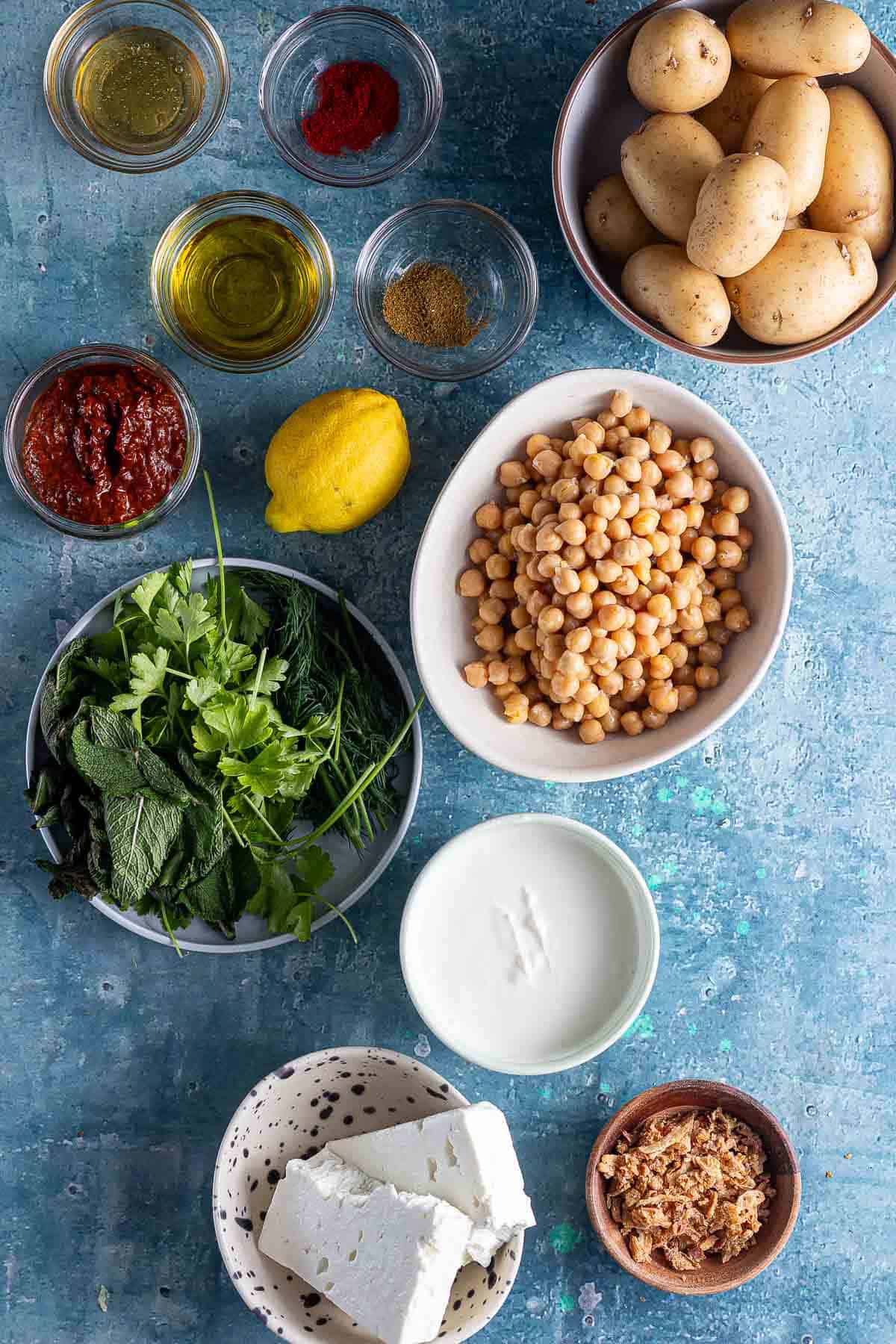 Ingredients on a blue background